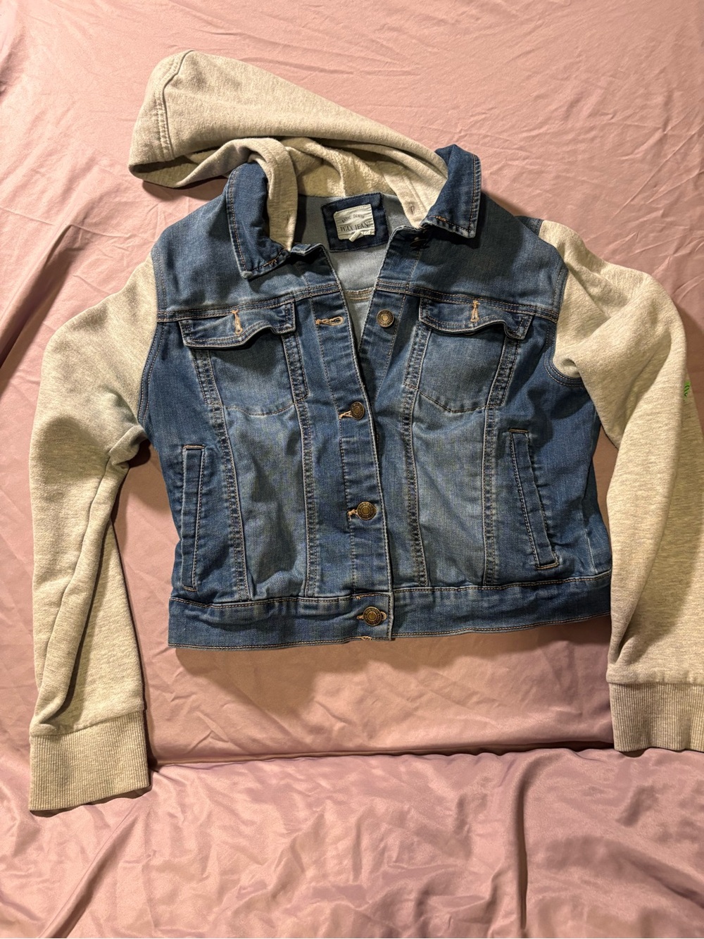 Wax Jean Blue Denim Jacket with Light Gray Hoodie Sleeves